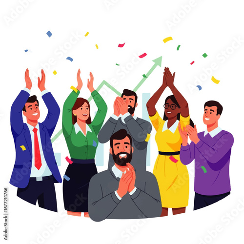 A diverse team of business professionals celebrates success, applauding enthusiastically amidst confetti and a rising growth chart, symbolizing achievement and shared joy.