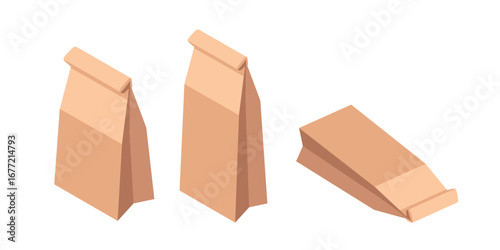 Isometric brown paper lunch bags with folded tops. Two standing bags and one lying flat. Food packaging concept for takeaway and delivery services. Vector illustration isolated on white background
