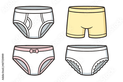 Different Styles of Children’s Underwear in Minimalist Vector Cartoon Illustration, Educational and Promotional Apparel Design for Kids, Variety of Kids’ Undergarments