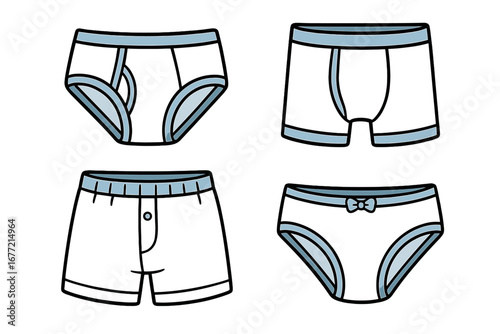 Different styles of children’s underwear in minimalist design for educational and promotional use, vector cartoon illustration with transparent background, kids briefs and boxers set