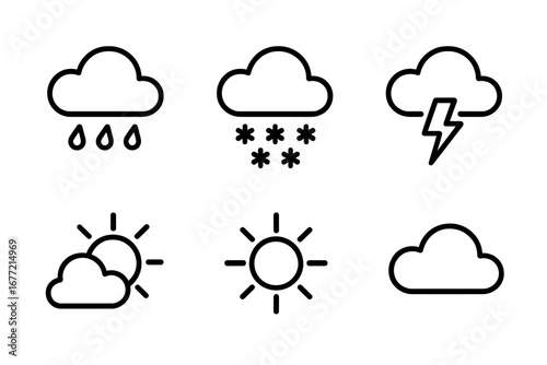 Weather Forecast Line Icon Set with Rain, Snow, Thunderstorm, Sun, and Cloud Symbols, Minimalistic Linear Pictograms for Web, Graphic Design, Apps, Banners, Social Media, and Cards