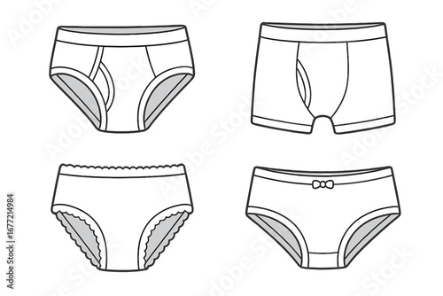 Different styles of children's underwear illustrated in minimalist vector cartoon style, educational and promotional design element for kids' clothing collection and fashion concepts