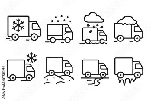 Delivery truck set with snow and winter weather line icons, outline vector signs for graphic, web design, apps, advertising, and seasonal cards, cold climate transport illustration