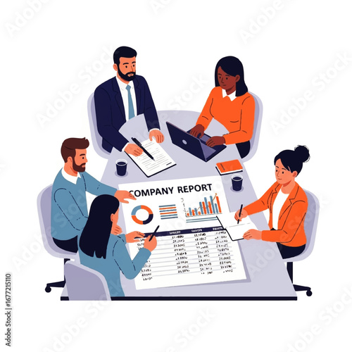 A diverse team collaborates around a table, reviewing a detailed company report filled with graphs and charts, exhibiting focused teamwork and strategic planning.