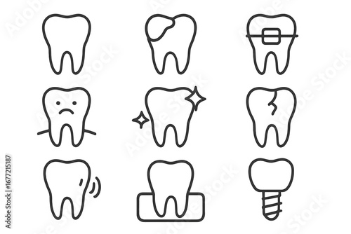 Set of Dental and Teeth Line Icons, Tooth Care Symbols, Dental Health, Braces, Tooth Decay, Toothache, Clean Teeth, Tooth Repair, Tooth Implant Vector Illustration for Medical and Dental Designs
