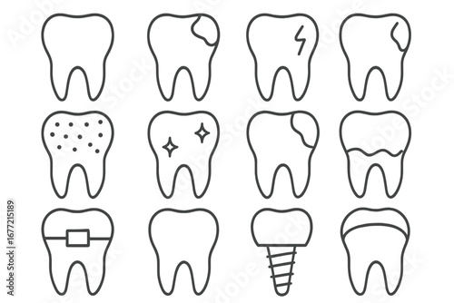 Set of Teeth and Dental Care Line Icons, Outline Tooth Signs for Graphic Design, Web, Apps, Ads, and Dental Health Concepts, Vector Cartoon Illustrations Transparent Background