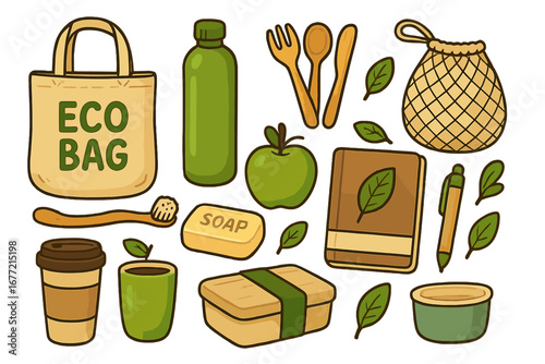 Eco-friendly lifestyle essentials: reusable bags, bamboo utensils, natural soap, sustainable daily routine items, green living, zero waste concept, eco-conscious vector illustration