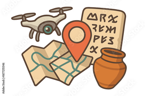 Creative vector collage of exploring technology and culture with a drone, map marker, ancient script, and pottery jar in cartoon style