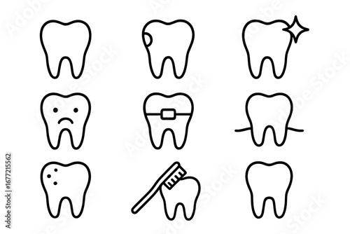 Teeth Line Icon Bundle, Dental Care Symbols, Oral Hygiene Vector Set for Graphic Design, Web, Apps, Advertisements, Cartoon Style Tooth Illustrations with Transparent Background, Ordered Collection