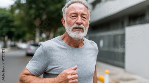 Elderly man jogging outdoors for healthy aging urban environment action scene dynamic viewpoint
