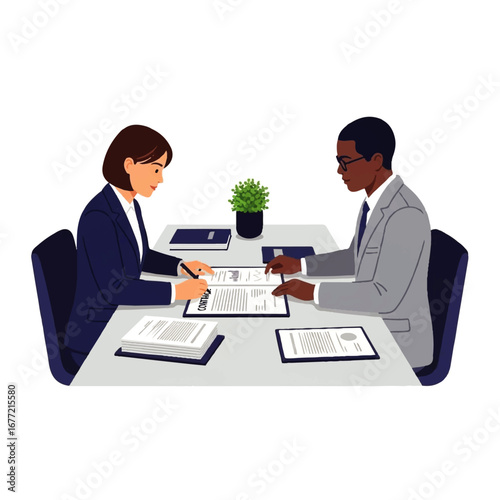 Two business professionals formally sign a contract together at a modern office desk, signifying a successful partnership.