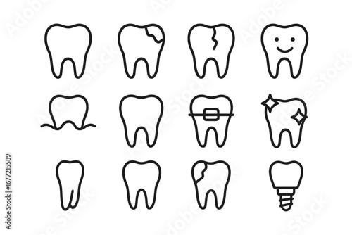 Teeth Line Icon Bundle, Dental Care Outline Signs for Graphic Design, Web, Apps, Advertisements, Various Cards, Tooth Decay, Braces, Dental Implant, Smile Health, Oral Hygiene Vector
