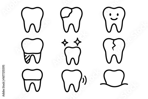 Teeth Line Icon Bundle, Outline Dental Signs for Graphic and Web Design, Apps, Advertisements, Various Cards, Vector Cartoon Illustration with Transparent Background, Ordered Set 2