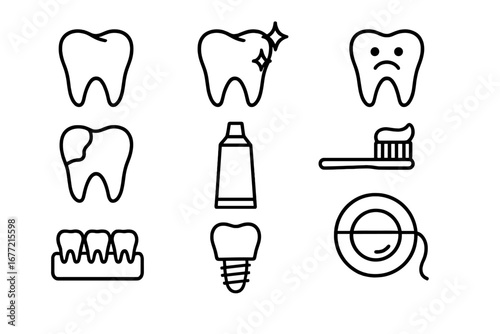 Teeth Line Icon Collection with Dental Care Symbols, Toothbrush, Toothpaste, Dental Implant, and Oral Hygiene Signs for Graphic Design, Web, Apps, and Advertising