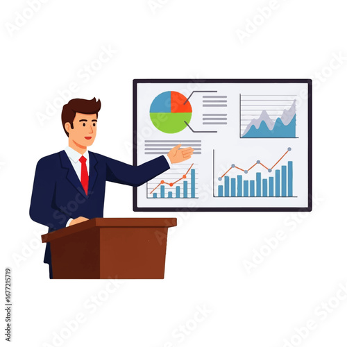 Confident businessman giving a presentation at a podium, showcasing upward trending graphs and charts illustrating business growth and success.