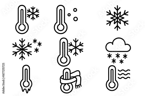 Thermometer and Snowflake Icon Pack, Outline Cold Weather Symbols, Winter Temperature and Frost Line Art for Graphic Design, Apps, Advertising, Seasonal Cards, Vector Illustration