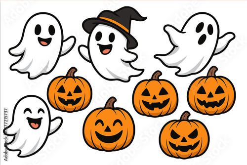 Fun Halloween doodles featuring playful ghosts and cheerful jack-o-lantern pumpkins, festive spooky cartoon illustrations perfect for holiday decorations and party designs