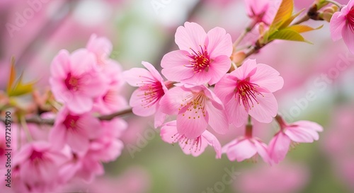 A close up of pink cherry blossoms on a branch with a soft blurred background in the springtime season