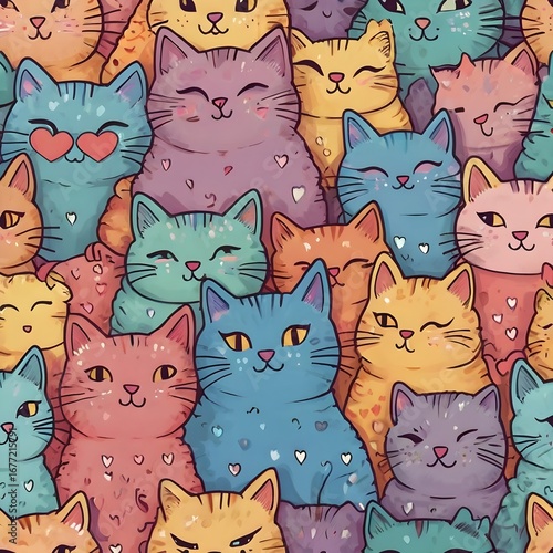 seamless pattern with cats, “Cute seamless doodle pattern of cats with little hearts, pastel rainbow background, kawaii aesthetic wallpaper”