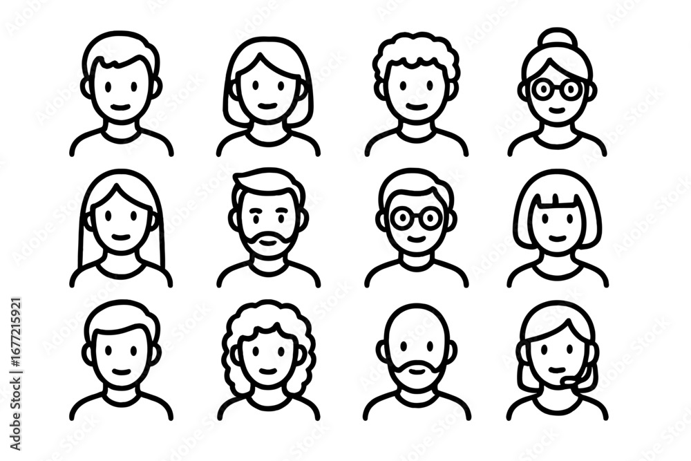 Fototapeta premium Various Modern Outline Style Avatars Icons for Design, Social Media, Apps, Profile Pictures, User Interface, Cartoon Vector Illustrations with Transparent Background, Ordered Set