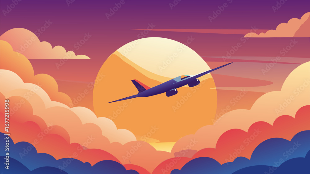 Naklejka premium Airplane flying through colorful clouds at sunset in scenic travel-themed flat illustration