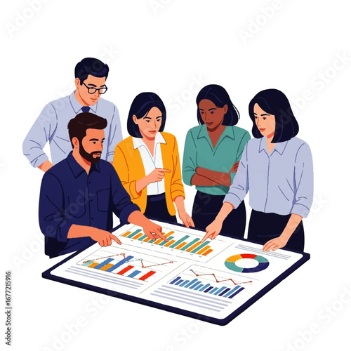 A diverse team of business professionals collaborates around a large digital display showing key performance indicators, fostering a spirit of teamwork and insightful analysis.