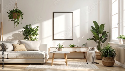 Sunlit contemporary living room interior with a blank vertical frame mockup on a white wall, surrounded by lush houseplants and a pet dog