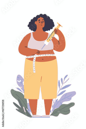 hand drawn style illustration of woman holding weight loss injection
