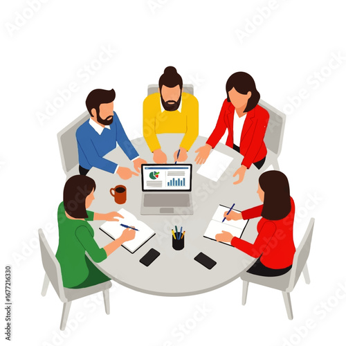 A diverse team collaborates around a table, reviewing data on a laptop during a productive business meeting.