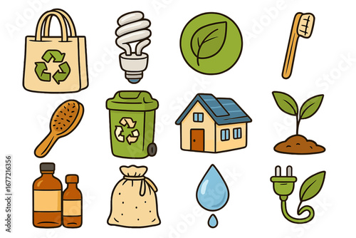 Illustrated eco-friendly tools and sustainable living items at home, including recycling, energy saving, solar house, water conservation, plant growth, and natural products icons, vector cartoon set