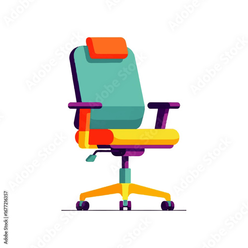 A vibrant teal and yellow office chair with orange accents sits ready for work, conveying a feeling of modern productivity and playful energy.