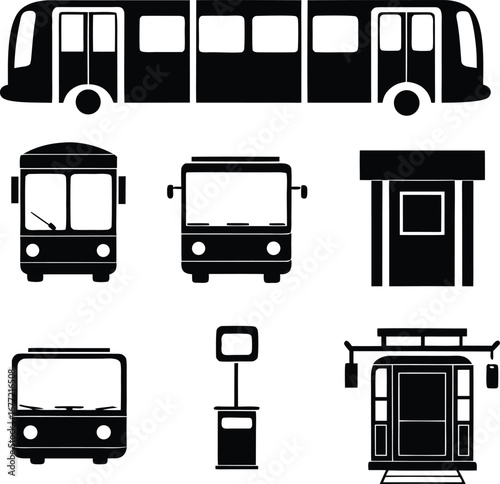 Public transportation icon set. Vector silhouettes of city bus, tram, and bus stop signs
