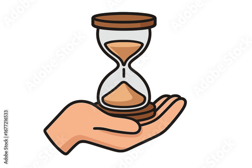 Hand holding hourglass symbolizing the passage of time, minimalist concept design, time management, patience, life moments, sand timer vector cartoon illustration