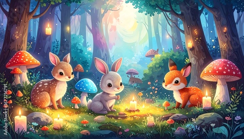 Forest creatures meeting at night