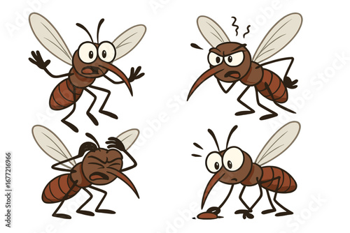 Mosquito cartoon illustrations showing various annoyed and frustrated expressions, playful summer outdoor insect vector set for pest control, nature, and summer fun