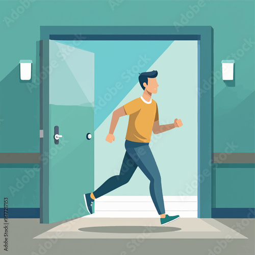 A cartoon man in a hurry runs through an open doorway.