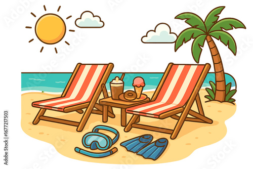 Relaxing day at the beach with sun loungers, snorkeling gear, tropical palm tree, sweet treats, ice cream, and cold drink in sunny summer seaside vacation vector cartoon illustration