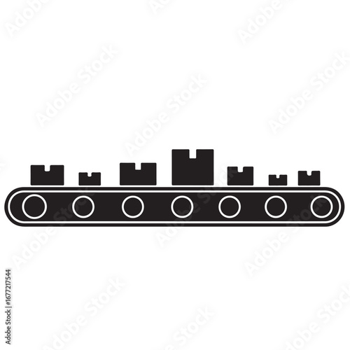 Industrial Conveyor Belt with Boxes, Black Silhouette Icon
