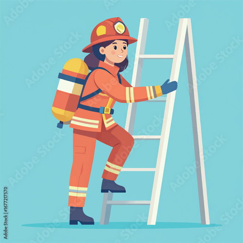 A female firefighter ascends a ladder, equipped with a breathing apparatus, ready for action.