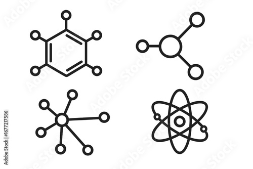 Scientific molecular structures and atomic models in minimalist and abstract vector cartoon illustration, educational chemistry and physics concepts, molecular design background