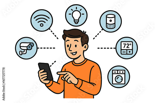 Smart Home Technology Enhances Connectivity and Convenience with Interconnected Devices for Modern Living, Vector Cartoon Illustration of Digital Automation and Control