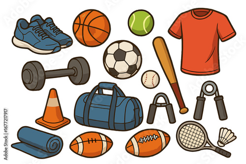 Sports equipment and apparel collection showcasing diverse athletic gear and accessories ideal for training, games, fitness, and recreational activities. Cartoon vector illustration.
