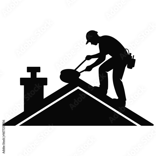Silhouette of a roofer inspecting a chimney on a roof