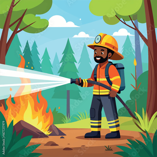 A firefighter with a helmet and backpack is spraying water onto a forest fire, surrounded by trees.