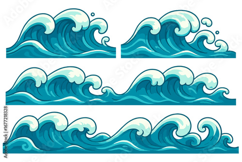 Stylized ocean wave patterns representing dynamic coastal water movement and energy. Detailed vector cartoon illustration set with transparent background, marine design elements.