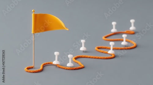 Wallpaper Mural Creative representation of a winding path marked by a small yellow flag and round white pins indicating milestones in a journey or project completion Torontodigital.ca