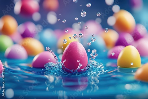 Colorful easter eggs splashing in water vibrant pool setting dynamic action scene playful environment close-up view festive concept for celebration