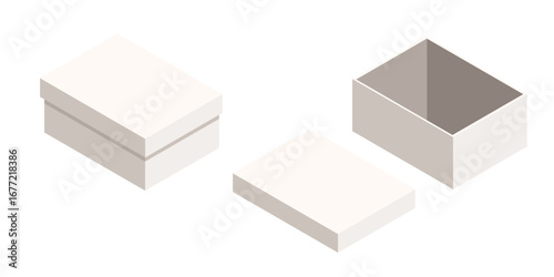 Isometric white storage boxes with gray elements. Closed container, open box, and separate lid. Minimalist packaging design for organization. Vector illustration isolated on white background