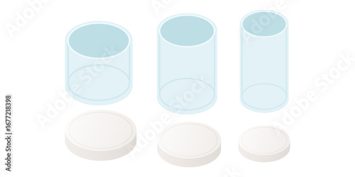 Isometric glass jars and lids collection. Blue transparent containers with white tops in different positions. Kitchen storage for food preservation. Vector illustration isolated on white background