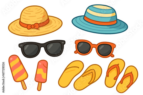 Summer beach essentials set with stylish hats, sunglasses, flip flops, and colorful ice cream popsicles for a fun sunny day. Vector cartoon illustration with transparent background.